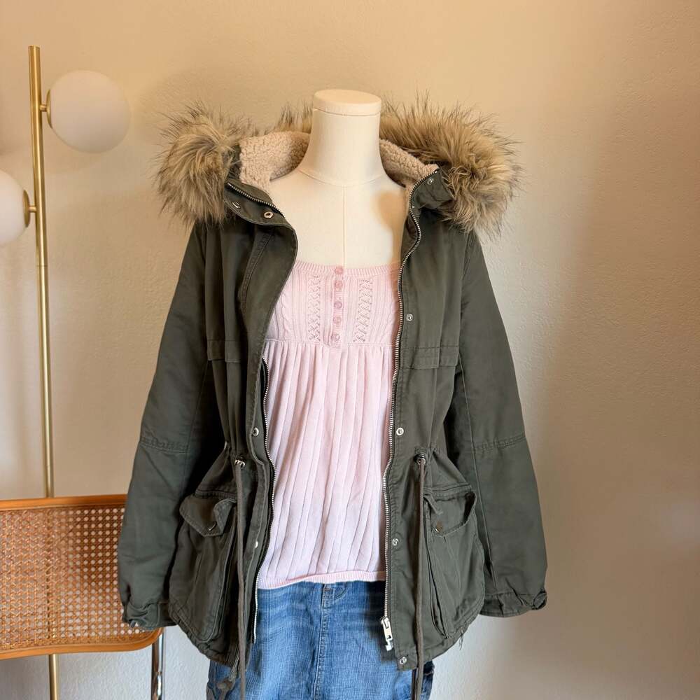 H&M Divided Olive Green Faux Fur Lined Hooded Utility Parka Jacket